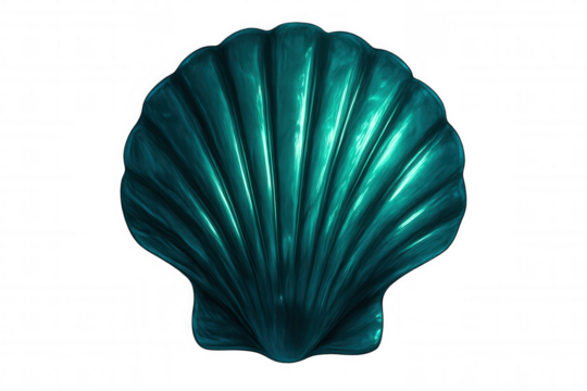 Close-up of a glossy turquoise scallop shell, isolated on a transparent background, creating a vibrant and elegant visual