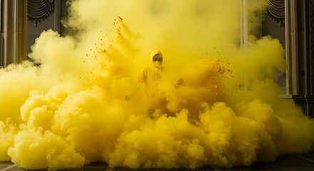 Person Emerging from a Vivid Yellow Smoke Cloud in an Indoor Setting