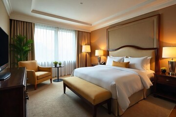 Indulge in opulent comfort at this luxury motel  Spacious suite with plush furnishings, elegant decor, and modern amenities  Enjoy a tranquil escape  , bedding, hotel, towels