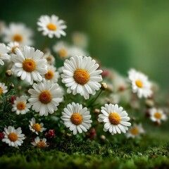 Fototapeta premium Spring background of white daisies on green grass with blurred mountain and blue sky, copy space for design, natural ecology landscape concept