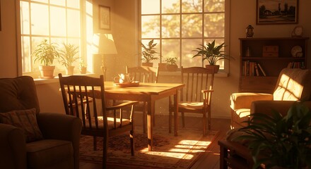 Sunlit Cozy Living Room with Wooden Furniture and Plants