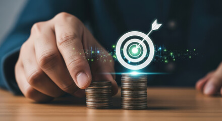 Business Goal Achievement with Stacked Coins and Target Icon.