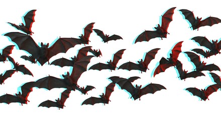 A swarm of bats in flight, depicted with a 3D anaglyph effect for depth perception.