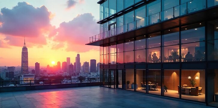 Sleek modern glass facade office building reflecting the cityscape at sunset Architectural details showcase contemporary design and urban sophistication , office tower, night