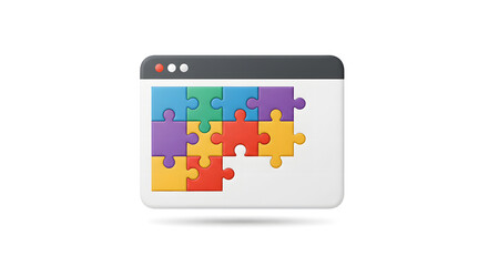 Vibrant 3D rendering of colorful puzzle pieces within a web browser window, symbolizing digital integration, modular solutions, and strategic problem-solving for web development