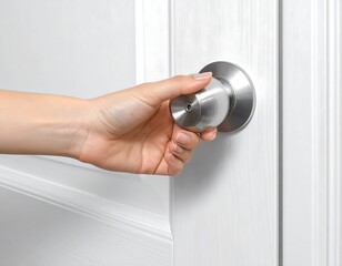 Naklejka premium Hand Gripping Doorknob Opening Door Concept with White Door, Access and Entryway Theme