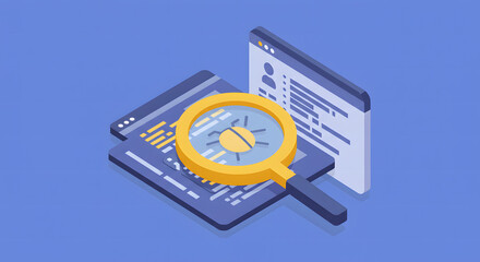 Exploring digital bugs and code errors with a magnifying glass on a blue background, representing software development and troubleshooting