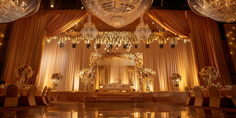 Obraz premium Luxurious ballroom decorated for a grand celebration with elegant drapery and chandeliers