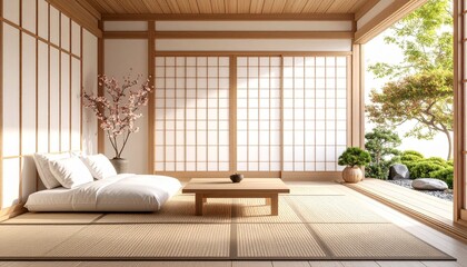 Serene Japanese Room with Tatami Mats and Garden View