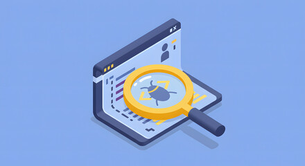 Fototapeta premium Cybersecurity concept of a digital bug detected by a magnifying glass on a computer screen, representing software testing and error detection