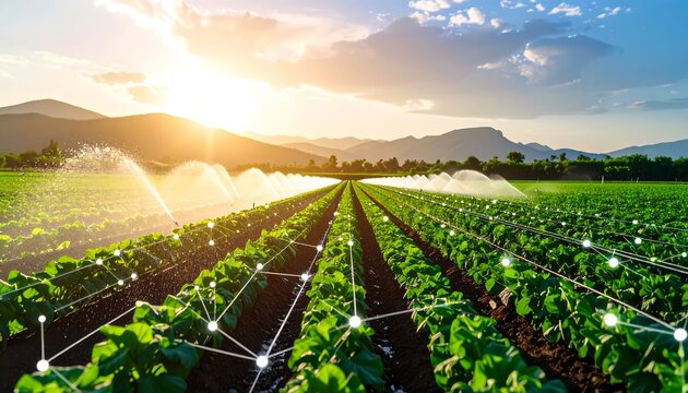 Irrigation system in a field at sunset