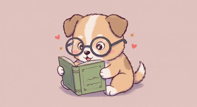 Charming illustration of a studious cartoon puppy wearing round glasses, happily engrossed in a book, radiating intelligence and warmth, perfect for children's themes and educational content