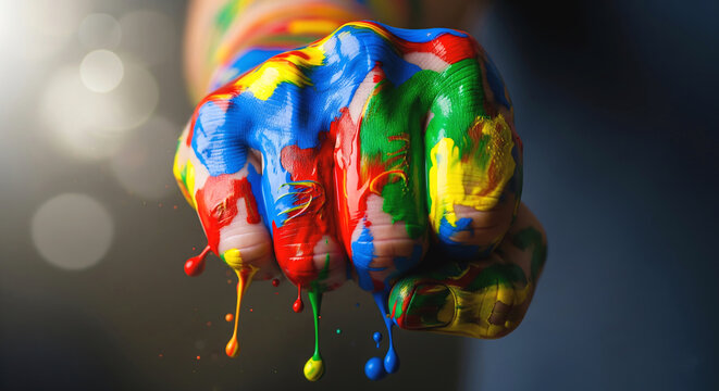 A fist covered in colorful dripping paint symbolizing creativity and artistic expression, Artistic expression and vibrant energy captured in a fist covered with colorful, dripping paint 