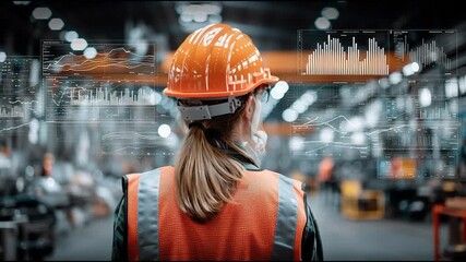 Female engineer in smart factory wearing safety gear and analyzing futuristic digital interface in industrial warehouse
 - Powered by Adobe
