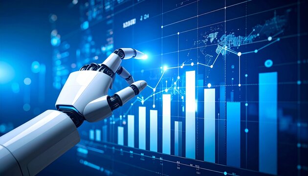 Robotic hand analyzes futuristic glowing data charts with global analytics and rising bar graphs