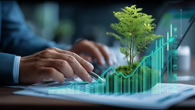 Businessman analyzing sustainable growth data with green plant and financial chart overlay symbolizing eco-friendly investment and ESG strategy
