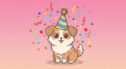 Fototapeta premium Cute kawaii puppy dog wearing a festive party hat for a happy birthday celebration with colorful falling confetti