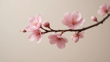  Elegant Floral Simplicity Close up of a Cherry Blossom Branch, Soft Pink Petals, Minimalist Style, Creamy Background
