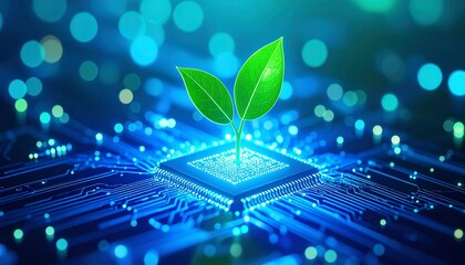Vibrant green seedling emerges from glowing futuristic circuit board symbolizing tech growth and innovation