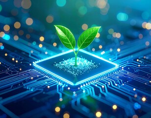 Vibrant green seedling sprouts from illuminated circuit board, symbolizing tech innovation and sustainable growth