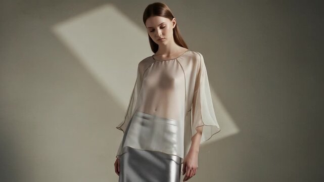 Elegance in Soft Fabric: A Model Showcases a Sheer Blouse and Metallic Skirt, Capturing Modern Fashion Aesthetics in a Minimalist Setting