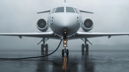 Wide panoramic shot of commercial airplane refueling with sustainable aviation fuel SAF at airport terminal.