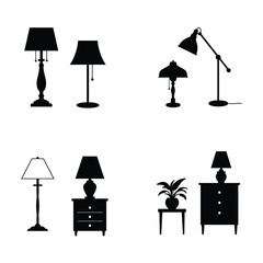 Collection of silhouette illustrations of various table and floor lamps in different styles and settings