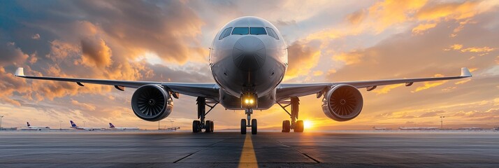 Wide panoramic shot of commercial airplane refueling with sustainable aviation fuel SAF at airport terminal.