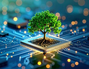 Vibrant green tree thrives on digital circuit board symbolizing eco-tech innovation and sustainable future
