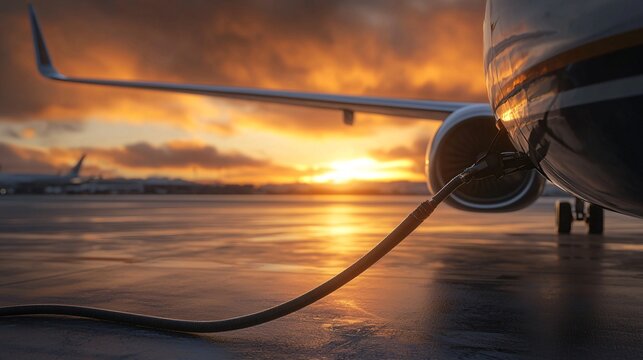 Wide panoramic shot of commercial airplane refueling with sustainable aviation fuel SAF at airport terminal.