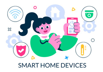 Smart Home Devices Vector Illustration featuring Home Automation Controlled via Smartphone with an Integrated System of Electronics in a Background
