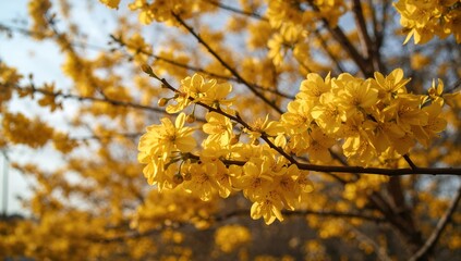 Fototapeta premium Ochna Integerrima Mai Tree Blossoming with Golden Flowers