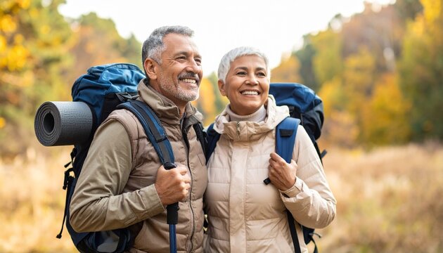 Joyful Senior Couple Autumn Hike in Nature
