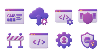 A vibrant collection of 3D icons depicting modern web development, secure cloud infrastructure, content management systems, and system administration concepts for digital projects