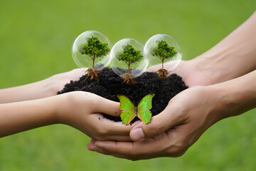 Guardians of the Earth A Symbolic Representation of Environmental Stewardship with Hands Protecting Young Trees in Bubbles and a Butterfly Emphasizing the Fragility of Life