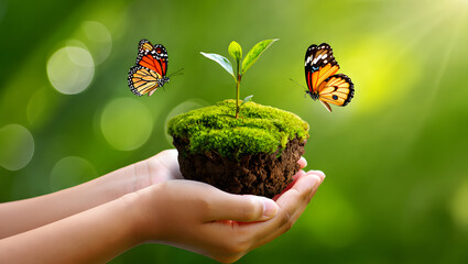 Nurturing New Life A Symbol of Hope and Growth with Delicate Hands Holding a Sprout Surrounded by Butterflies in a Lush Green Environment Promoting Sustainability