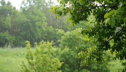 Fototapeta premium Lush green trees in a light rain shower