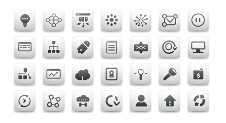 A versatile collection of modern white square icons representing business, technology, communication, and data concepts for web and app design