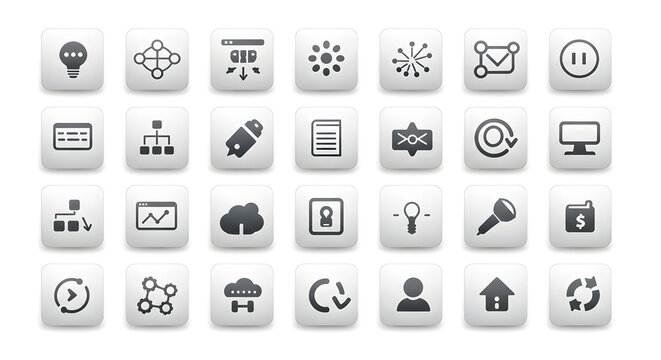 A versatile collection of modern white square icons representing business, technology, communication, and data concepts for web and app design