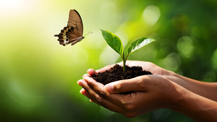 Embracing Nature's Beauty A Person's Hands Gently Holding a Small Plant Sprout with a Butterfly Nearby, Representing Growth, Transformation, and the Interconnectedness of Life in a Natural Setting