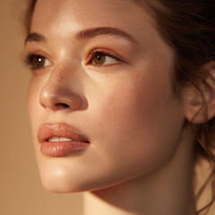 Close up portrait of a woman with fair skin and soft makeup in warm lighting