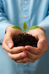 Nurturing New Life A Person's Hands Gently Holding a Small Plant Sprout with Soil, Symbolizing Growth, Hope, and Environmental Stewardship in a Bright Studio Setting