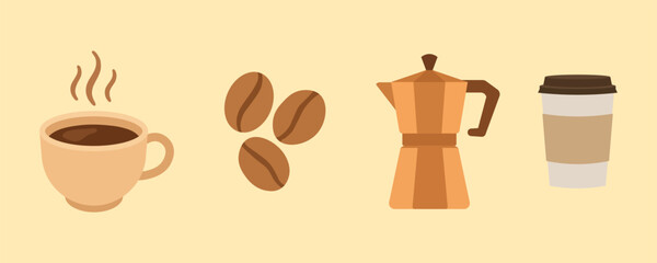 Obraz premium Flat Design Coffee Icons Set – Cup, Beans, Moka Pot, and Takeaway Cup