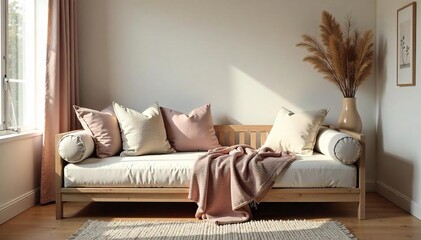 Cozy bedding seating furniture arrangement in a bedroom, featuring plush cushions, soft blankets, and a comfortable daybed Perfect for relaxation and reading , reading, comfort