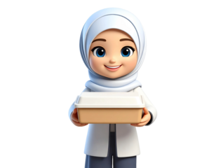 Joyful cartoon woman in hijab happily holding a takeaway food container, perfect for catering