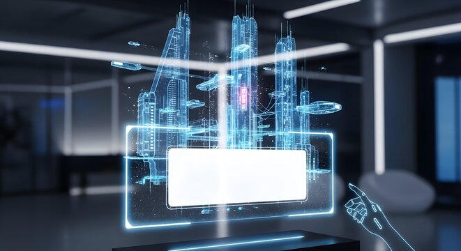 Architect interacting with a futuristic holographic interface for 3D building design