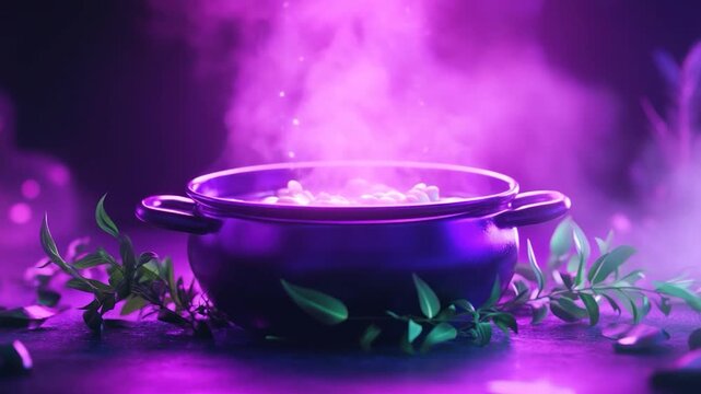 Purple cauldron steaming with mysterious contents