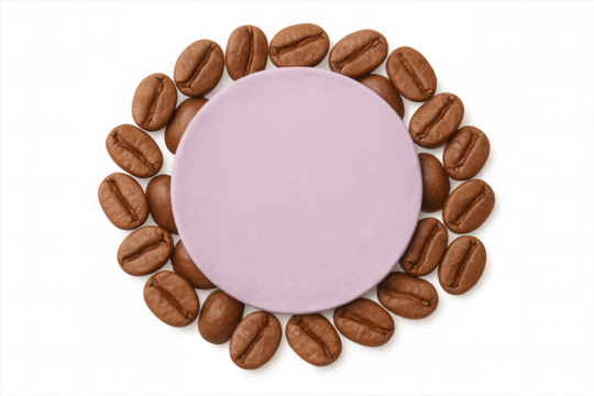 Coffee beans circling pink round shape, forming decorative border on transparent background, highlighting coffee concept design