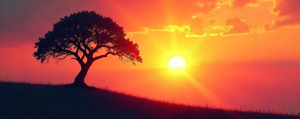 Silhouette of a tree reaching towards a vibrant sunrise, symbolizing spiritual growth and the journey towards enlightenment , spirit, enlightenment, peaceful
