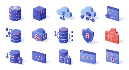 Essential isometric icons for modern data management, cloud computing infrastructure, cybersecurity solutions, and software development processes, perfect for digital projects